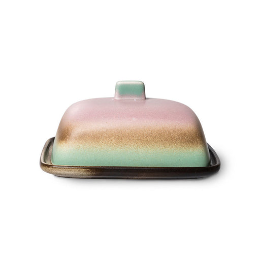 pink, green and brown 2 piece butter dish
