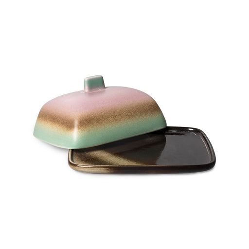 pink, green and brown 2 piece butter dish