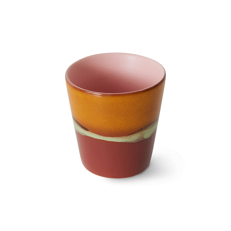 warm orange, pink, green and cherry colored stoneware tumbler cup