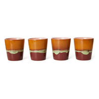 4 warm orange, pink, green and cherry colored stoneware tumbler cups