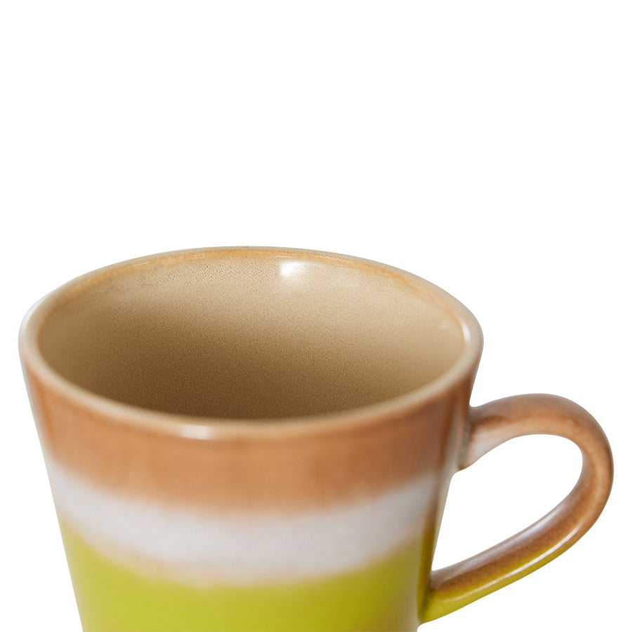 brown, white neon green cappuccino mug with ear