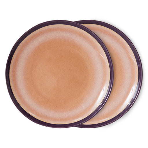 pink and purple colored stoneware dinner plates