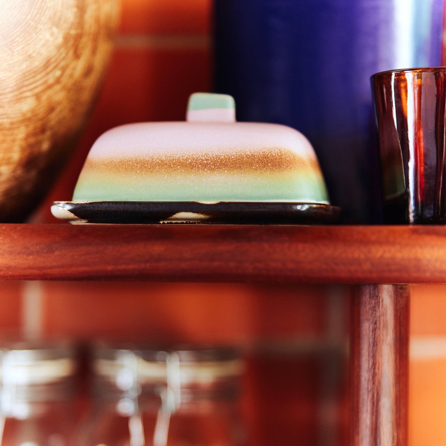 pink and green butterdish
