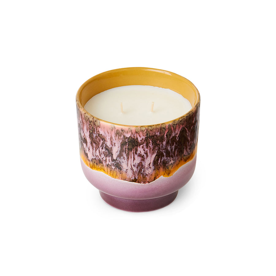 lilac purple yellow ceramic vessel with scented candle