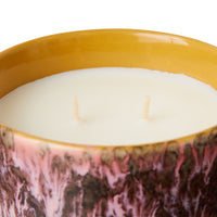 lilac purple yellow ceramic vessel with scented candle