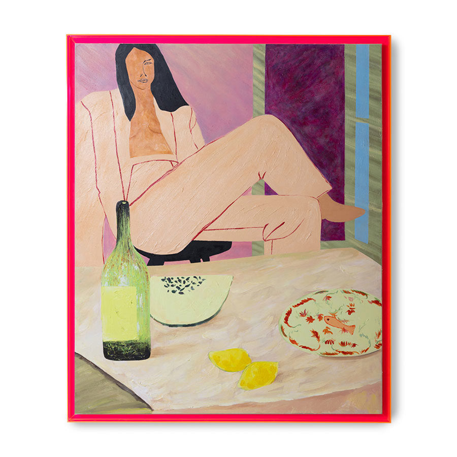 large painting of woman sitting with pink frame