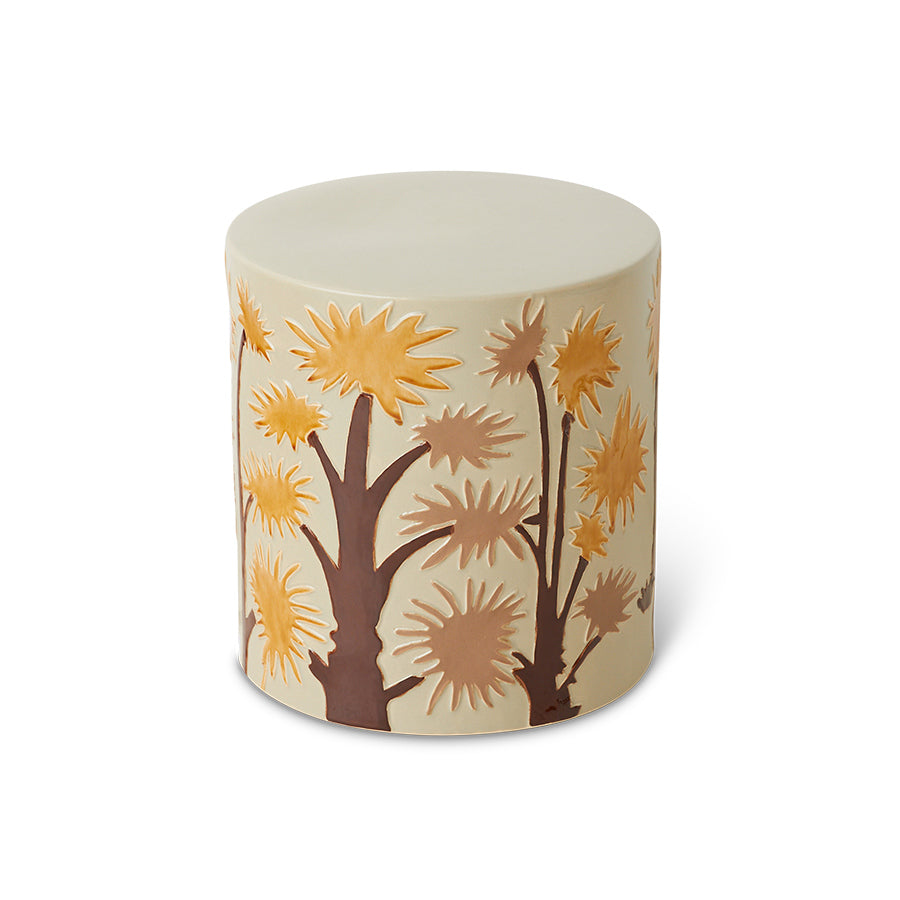 earthenware accent table with yellow and blush flowers