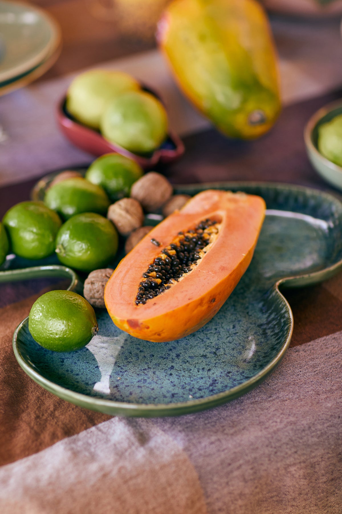 freeform ceramic serving platter teal with fruit