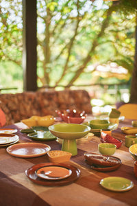 table filled with colored  shell ceramics