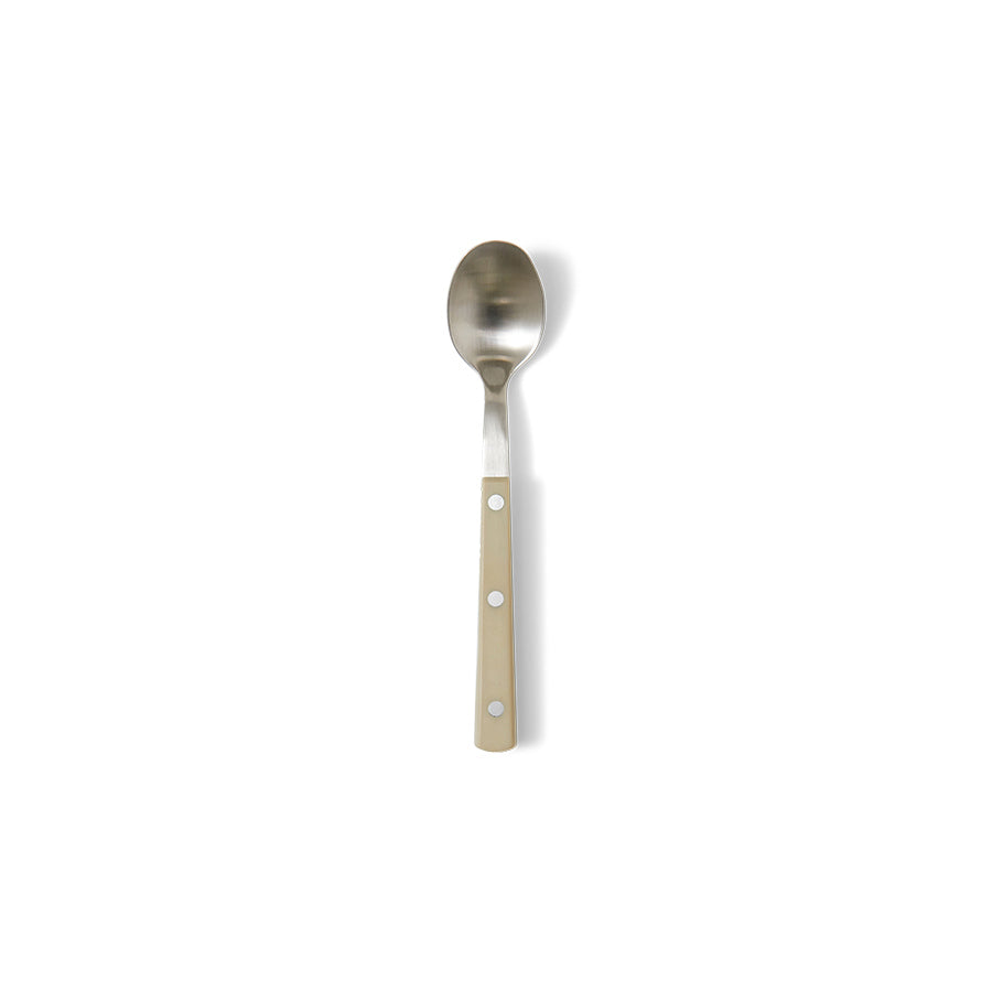 stainless steel and olive green bistro style dessert spoon