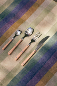 flatware set peach and stainless steel tablecloth