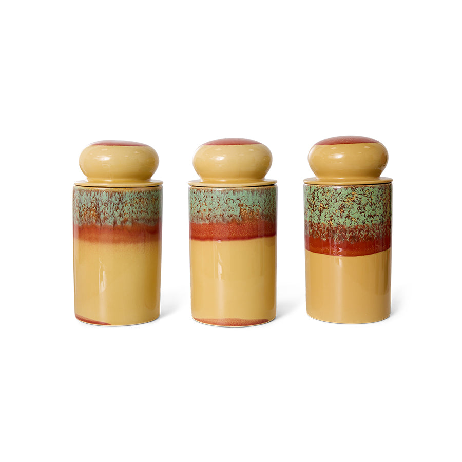 yellow red and green storage jar