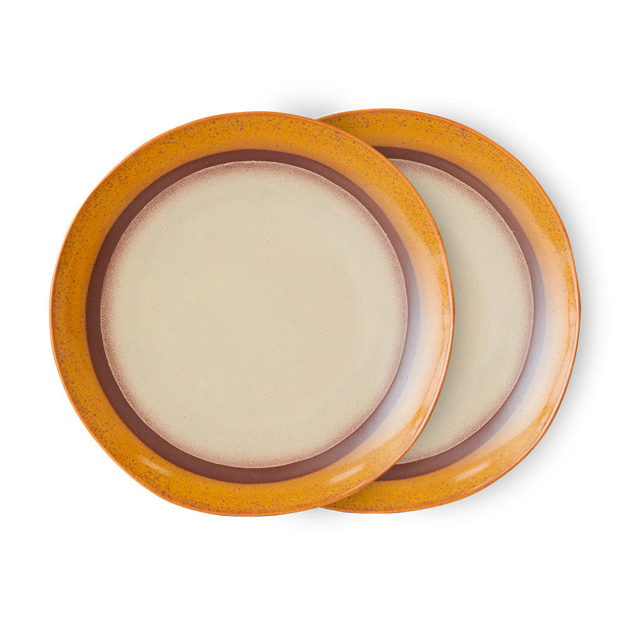 mustard yellow and brown and cream stoneware dinner plate