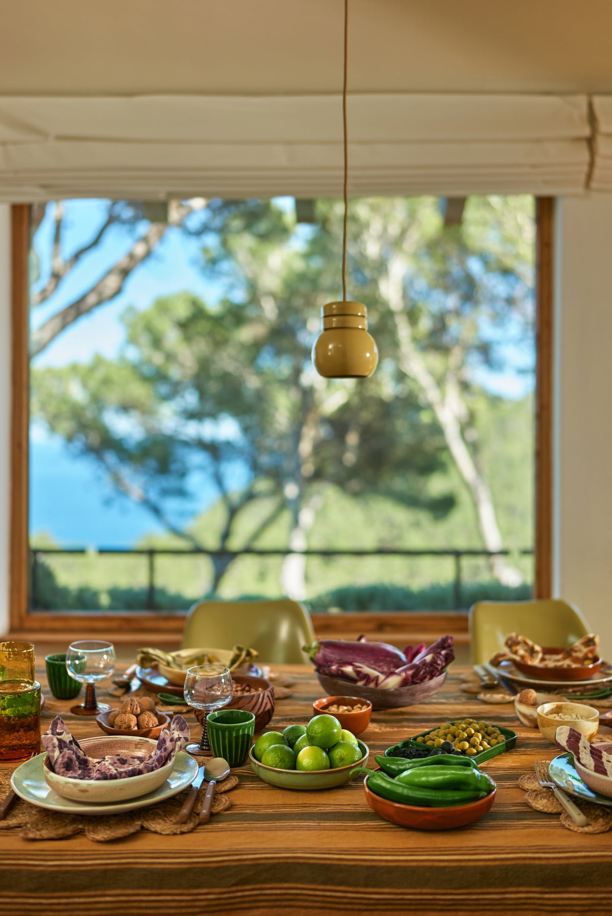 table setting with green colored plates