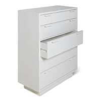 white wooden dresser with 5 drawers