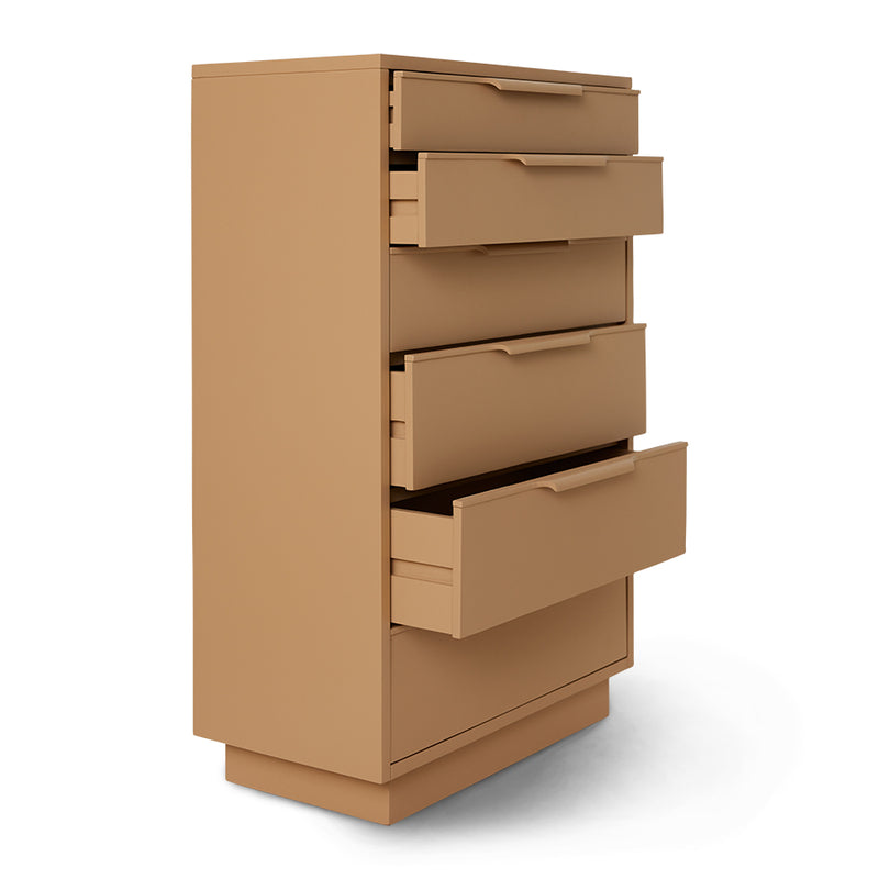 wooden chest of drawers in camel color