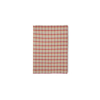 Plaid fabric with red and beige pattern on a white background