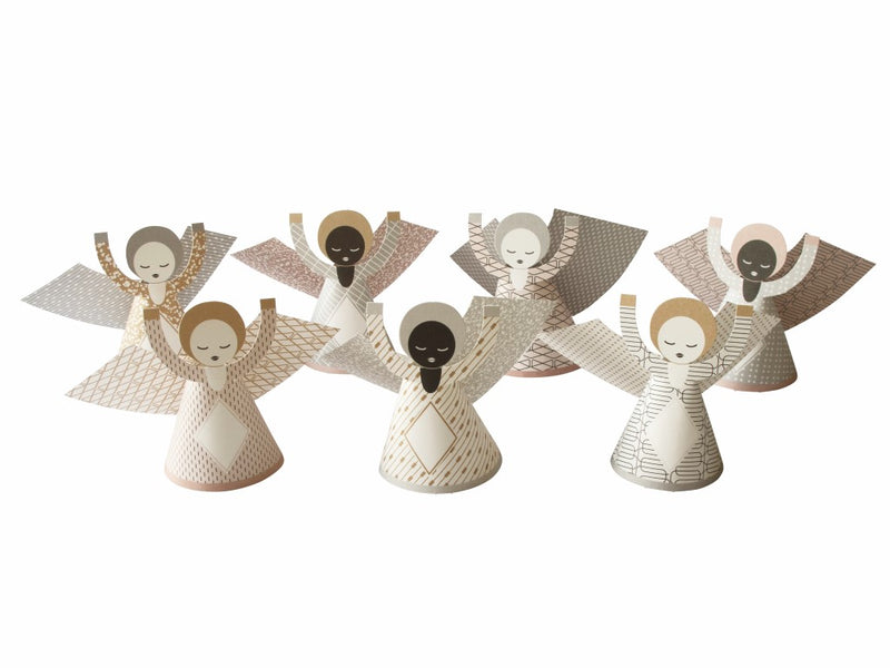 Set of five angel figurines with different skin tones on a white background
