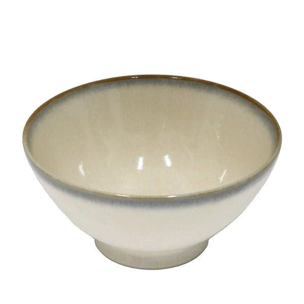 Beige ceramic bowl with brown rim on a white background