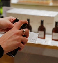 hand and parfum bottle with spray cap