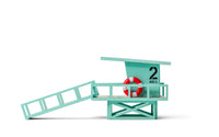 Toy lifeguard stand with a ladder and life preserver on a white background