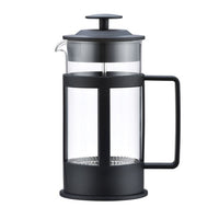 Black French press coffee maker on a white background