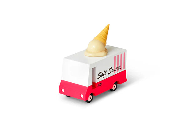 Toy ice cream truck with a cone on top against a white background
