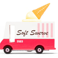Model of an ice cream truck with a soft serve cone on top against a white background
