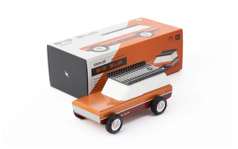 Model of a vintage car with a box labeled 'Big Surf' on a white background