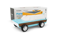 Toy truck with wooden wheels and a box labeled 'Pioneer' on a white background