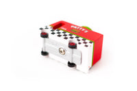 Small  wooden toy car with a red box featuring 'Patty's' branding on a white background