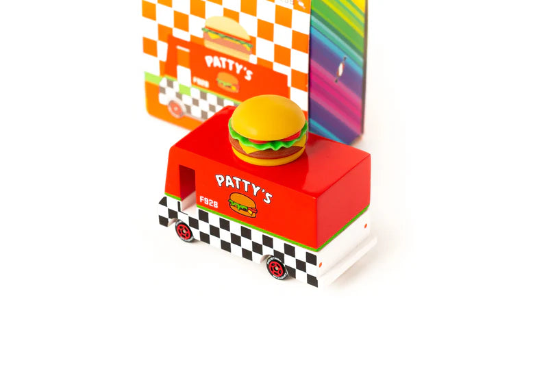 Model of a red truck with a hamburger on top, labeled 'Patty's', against a white background.