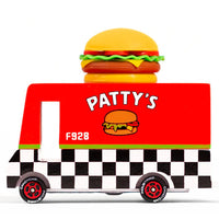 Toy truck with a burger design on a white background