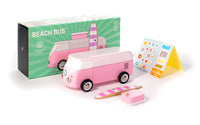 Pink toy bus with packaging and accessories on a white background