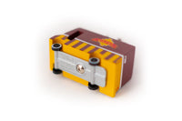 Small rectangular car with a yellow and brown design on a white background