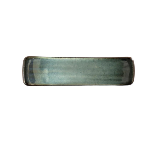 Rectangular ceramic chopstick holder rest with a greenish-blue glaze on a white background