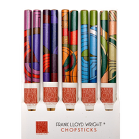 Set of colorful chopsticks with Frank Lloyd Wright branding on a white background