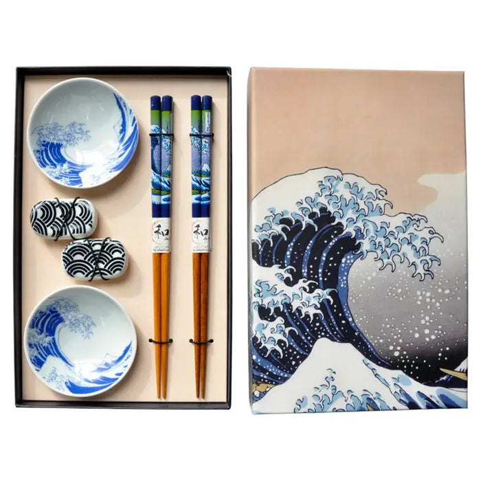 Set of ceramic bowls and chopsticks with wave design in a box, featuring a famous artwork.