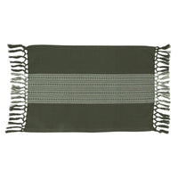 Green woven blanket with fringe on a white background