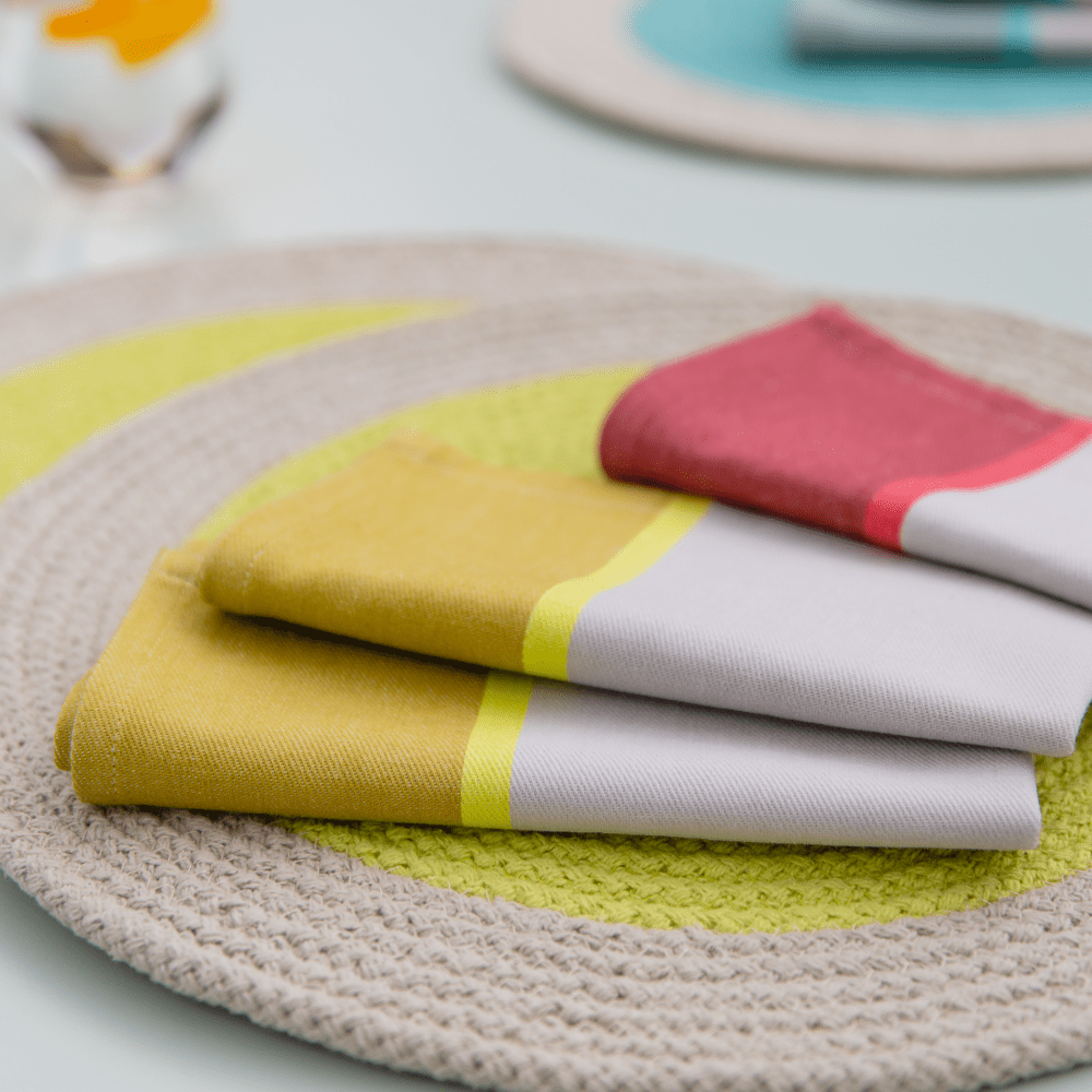 yellow and red and gray sets of cotton napkins