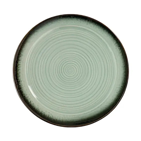 Green ceramic plate with concentric circle pattern on a white background