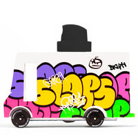 Colorful van with graffiti-style text and graphics on a white background