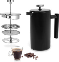 Black French press, metal filter basket, glass of coffee, and coffee beans on a white background