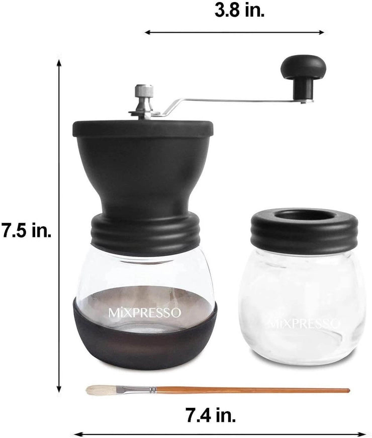 Black and clear manual coffee grinder with dimensions labeled on a white background