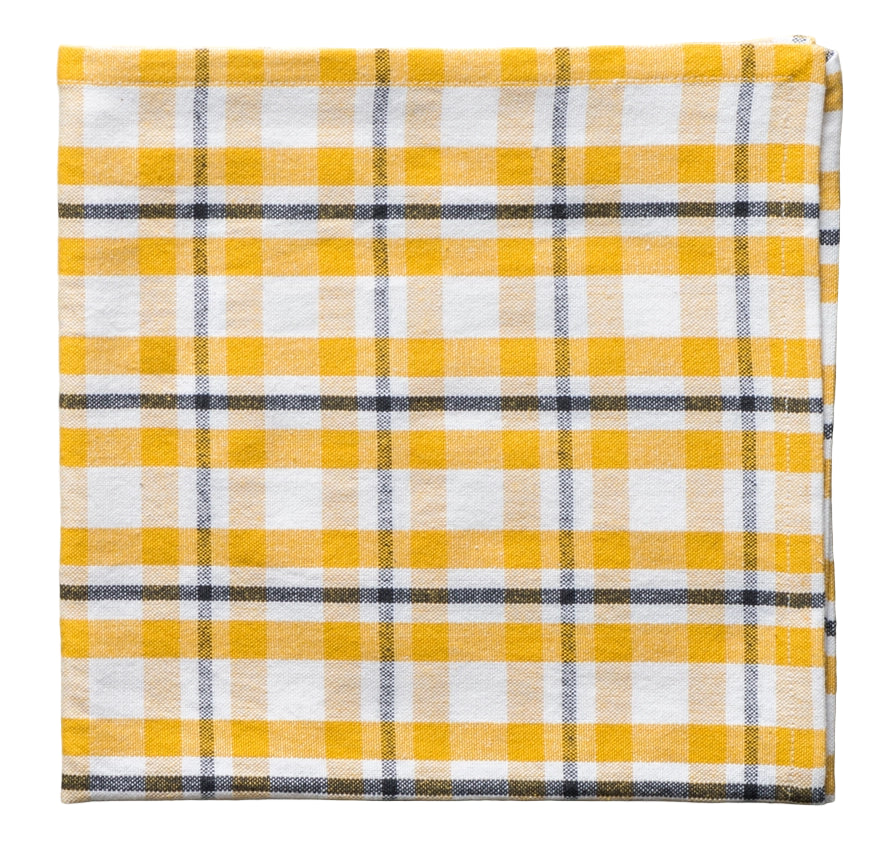 Yellow and white checkered fabric on a white background