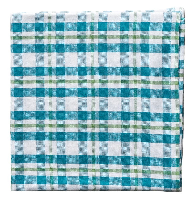 Folded checkered fabric napkin with blue, green, and white pattern on a white background
