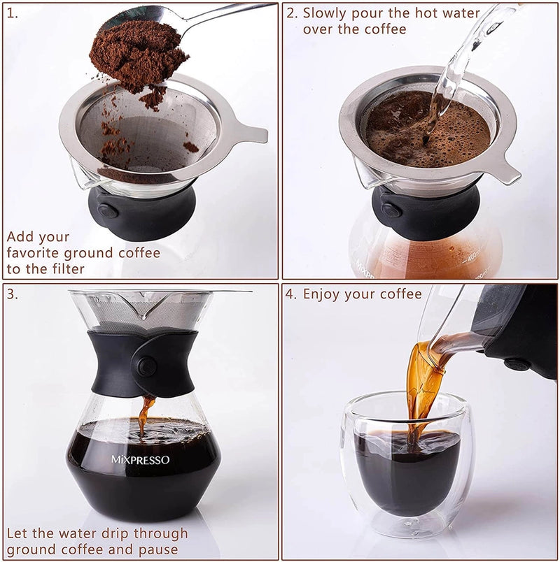 Step-by-step guide on making coffee using a manual coffee maker.