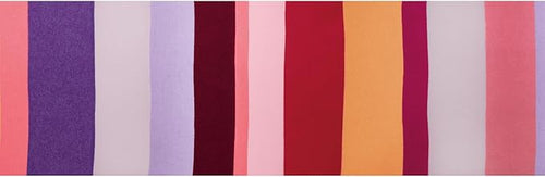 Striped woolen scarf with a pattern of purple, pink, red, orange, and white horizontal stripes.