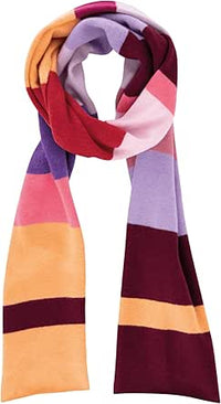 Colorful striped scarf with a gradient of orange, purple, pink, and red on a white background.