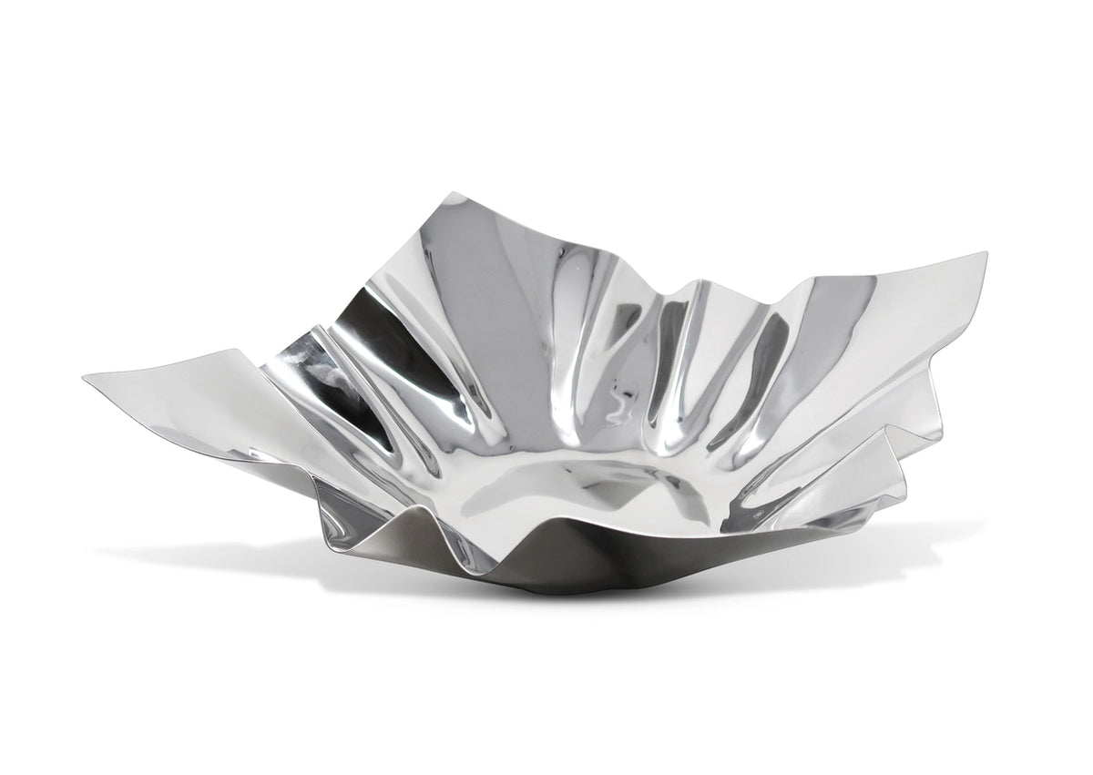 Silver, wavy bowl on a white background